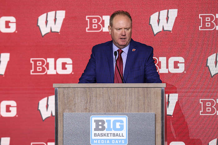 Oct 10, 2023; Minneapolis, MN, USA; Wisconsin Badgers head coach Greg Gard speaks to the media during the Big Ten basketball media days at Target Center. Mandatory Credit: Matt Krohn-USA TODAY Sports